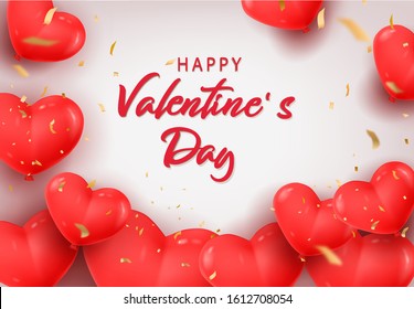 Happy Valentine's Day holiday card. Vector illustration with 3d red air balloons, gold serpentine. 3D Vector Illustration
