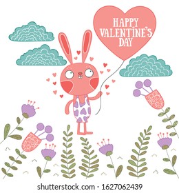 Happy Valentine's Day. Holiday card. Cute bunny with balloon. Flowers and clouds. Lettering poster. Isolated vector objects on white background.