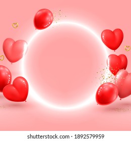 Happy Valentine's Day holiday card. Neon circle, realistic red and pink balloons, golden hearts and confetti on pink background. Vector illustration with 3d decorative objects for Valentine's Day.