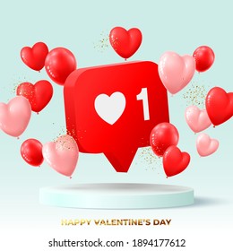 Happy Valentine's Day holiday card. Like symbol, realistic red balloons and golden confetti on blue podium. Vector illustration with 3d decorative objects for Valentine's Day.