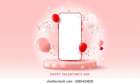 Happy Valentine's Day holiday card. Vector illustration with smartphone, hearts, balloons and confetti on podium with neon circle. Greeting design with abstract 3d composition for Valentine's Day. 