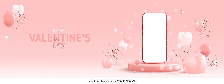 Happy Valentine's Day holiday card. Vector illustration with smartphone, hearts, balloons and confetti on podium with neon circle. Greeting design with abstract 3d composition for Valentine's Day. 
