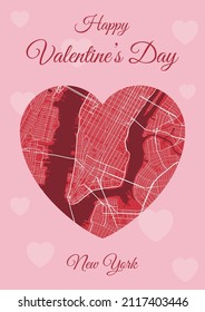 Feliz día de San Valentín con el mapa de la ciudad de Nueva York en forma de corazón. Ilustración vertical del vector de color rosa y rojo A4. Amo el paisaje urbano de viajes.