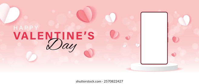 Happy Valentine's Day holiday card. Vector illustration with smartphone, pink and white hearts paper cut on podium with bokeh. Greeting design with abstract 3d composition for Valentine's Day.