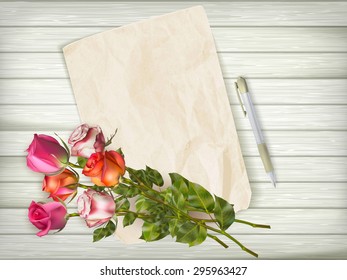 Happy Valentines day holiday card with paper and flowers over wooden background. EPS 10 vector file included