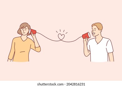 Happy Valentines day holiday concept. Happy smiling young cute couple calling card on paper phone listening and talking communicating vector illustration 