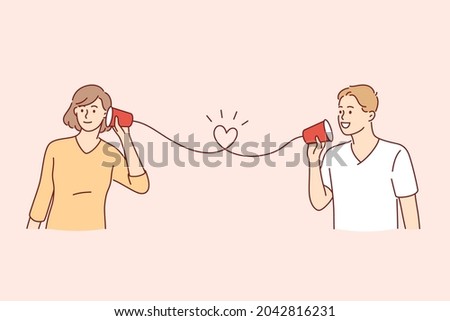 Happy Valentines day holiday concept. Happy smiling young cute couple calling card on paper phone listening and talking communicating vector illustration 