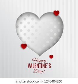 Happy valentine's day holiday design. White dotted heart shape, cut out white textile striped background for valentines day greeting card, banner, poster. Paper cut out art style, vector illustration