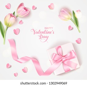 Happy Valentine's Day. Holiday design template. Vector background with decorative white gift box, pink tulip and paper heart. Vector illustration