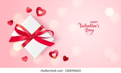 Happy Valentine's Day. Holiday design template. Pink background with decorative gift box, red bow and heart confetti. Vector illustration