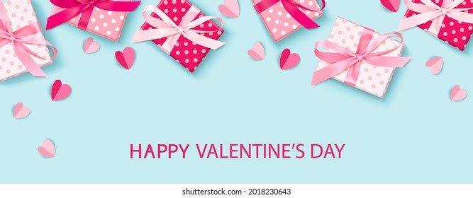 Happy Valentines Day.  Holiday design template. Decorative gift box on blue background. Flat lay. Vector stock illustration