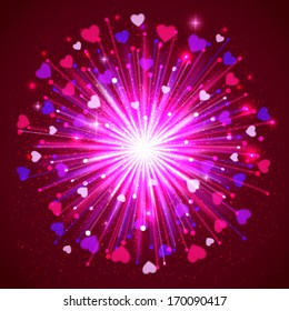 Happy Valentine's day  holiday firework background with shining hearts and  blurred bokeh lights