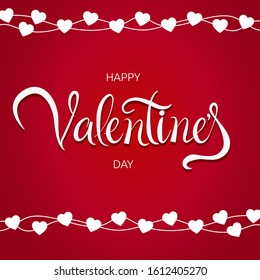 Happy Valentine's Day holiday greeting card banner. Vector illustration with white paper heart shape border garland, Romantic composition. Beautiful backdrop with heart from threads. 