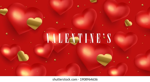 Happy Valentines Day holiday greeting poster or banner with 3d red hearts and golden confetti hearts, festive background