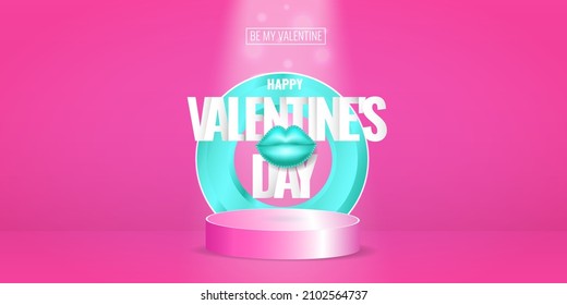 Happy Valentine's Day holiday greeting card, banner, poster. Realistic 3d stage podium, round studio with lips kiss symbol on pink background. Vector illustration