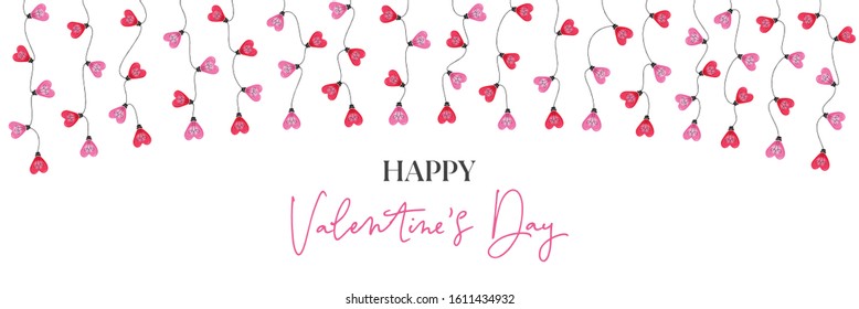 Happy Valentine's Day Holiday Hanging Heart String Lights Bulbs on White Background Horizontal Banner. Rectangle Cute Festive Holiday Copy Space Banner Web. Typography and Lettering