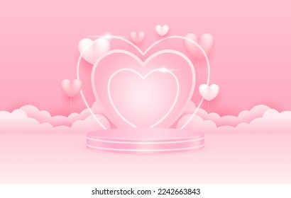 Happy Valentine's Day holiday. Hearts balloons neon and podium product display pink. 3D Vector illustration.