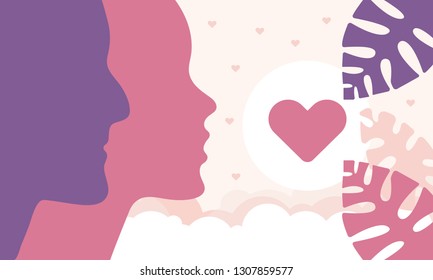 Happy Valentines Day. A holiday of love. Silhouette of a couple of lovers. Cute illustration with hearts and beautiful tropical leaves. The traditional time for romantic dates, shopping on sales