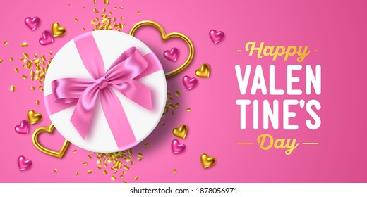 Happy Valentine's Day holiday. Romantic composition of white round gift box with rose pink bow, gold jewelry hearts and confetti. For design of greeting card, banner, poster. Vector illustration