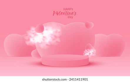 Happy Valentine's Day holiday sale banner vector with podium. Greeting love card on pink background with 3d balloon hearts in clouds. 14 February discount illustration.