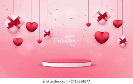 Happy Valentine's Day holiday sale vector with podium. Greeting love card on pink background with 3d hearts and gift boxes. 14 February 
love discount illustration.
