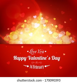  Happy Valentine's day  holiday typographical background with shining hearts and  blurred bokeh lights. This vector illustration can be used as greeting card or wedding invitation for your design.