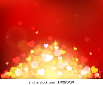 Happy Valentine's day holiday typographical background with shining hearts and  blurred bokeh lights