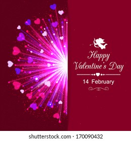 Happy Valentine's day  holiday typographical background with shining hearts and firework blurred bokeh lights.