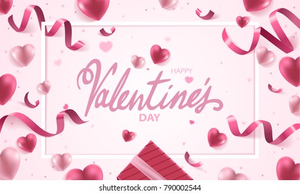 Happy Valentines Day holiday vector background illustration. Pink Hearts with ribbons, confetti and handwritten text on pink background. 