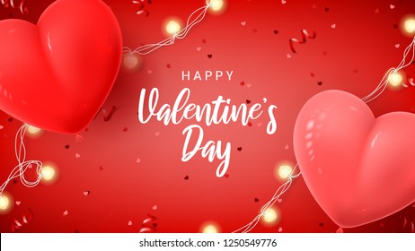 Happy Valentine's Day holiday web banner. Vector illustration with 3d red and pink air balloons, red serpentine and confetti, glowing garlands.