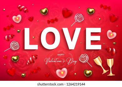 Happy Valentine's Day holiday web banner. Vector illustration with candy, 3D hearts, candles, gold glasses of champagne, red serpentine and confetti