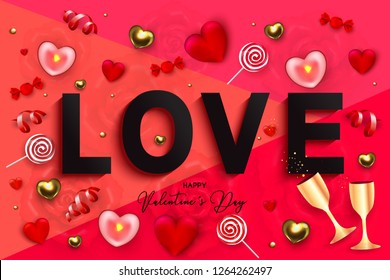 Happy Valentine's Day holiday web banner. Vector illustration with candy, 3D hearts, candles, gold glasses of champagne, red serpentine and confetti