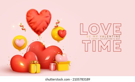 Happy Valentine's Day. Holiday wedding. happy birthday. Festive background with realistic heart shaped balloons red and yellow colors, open gift box. Romantic banner, web poster. Vector illustration