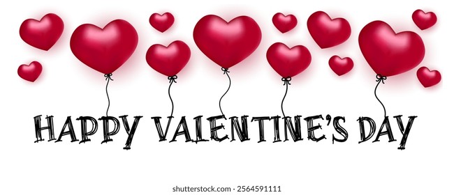 Happy Valentine's day horizontal background with 3d hearts and text. Modern vector editable template for romantic card, poster or web banner.