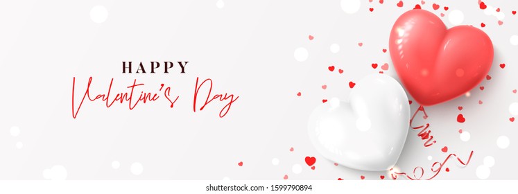 Happy Valentine's Day horizontal banner. Vector illustration with realistic pink and white air balloons and confetti on white background. Holiday gift card.