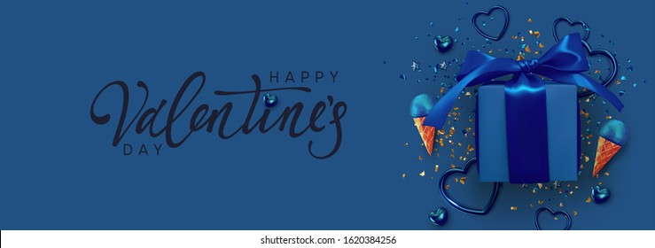 Happy Valentine's Day. Horizontal banner, header template for the website. Romantic realistic design elements, gift box, metal hearts strewn with sparkles confetti. Handwritten calligraphy lettering.