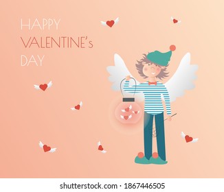 Happy valentines day horizontal banner design. Gradient background. Holiday greeting card. Isolated vector illustration. Cute romantic angel with hearts vector. Love symbol.