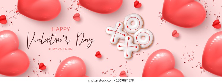 Happy Valentine's Day horizontal banner. Holiday background with realistic XO cookies, paper hearts, pink balloons and confetti. Vector illustration with 3d decorative objects for Valentine's Day.