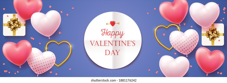 Happy Valentine's Day. Horizontal banner for the website. Romantic background with realistic design elements, gift box, metal hearts, balloons in the shape of heart, strewn with confetti