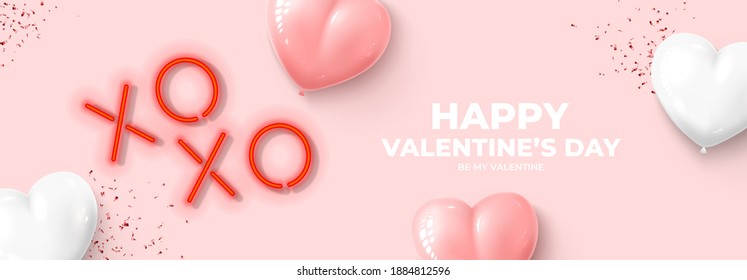 Happy Valentine's Day horizontal banner. Holiday card with realistic XO neon letters, balloons and confetti on pink background. Vector illustration with 3d decorative objects for Valentine's Day.