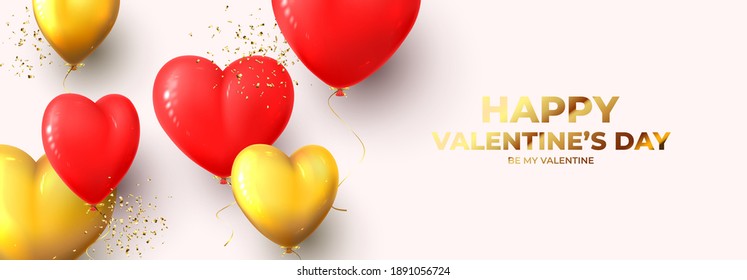 Happy Valentine's Day horizontal banner. Realistic red and gold balloons and golden confetti on light pink background. Vector illustration with 3d decorative objects for Valentine's Day.