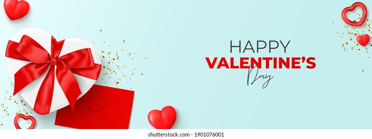 Happy Valentine's Day horizontal banner. Top view on realistic gift box with satin bow, closed envelope, red hearts and gold confetti. Vector illustration with  decorative objects for Valentine's Day.