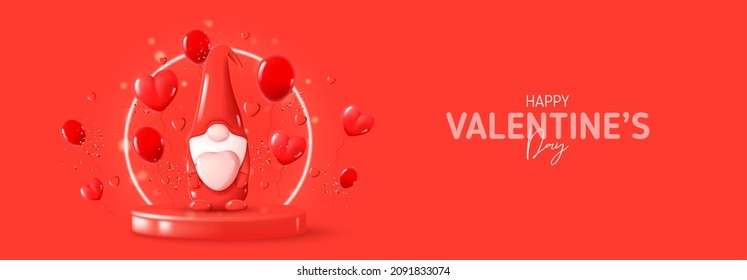 Happy Valentine's Day horizontal banner. Holiday background with cute gnome on red podium with neon circle, balloons and confetti. Vector illustration with symbols of Valentine's Day.