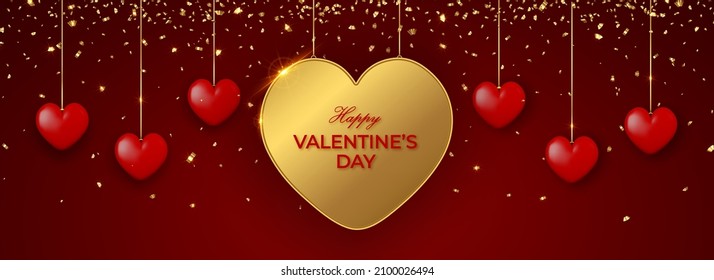 Happy Valentine's Day horizontal banner with big golden heart and red 3d hearts on red background. Vector illustration.