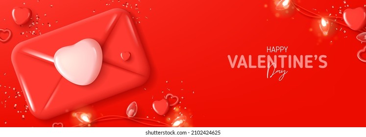 Happy Valentine's Day horizontal banner. Vector illustration with envelope, hearts, light garland and confetti. Holiday decoration with abstract 3d composition for Valentine's Day. Holiday card.