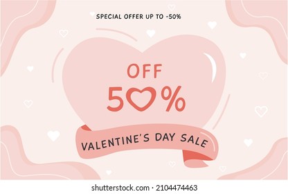 Happy Valentine's Day horizontal banner with hearts and abstract shapes in pastel colours. Trendy Valentines day sale template in flat style. Vector background with copy space for text.