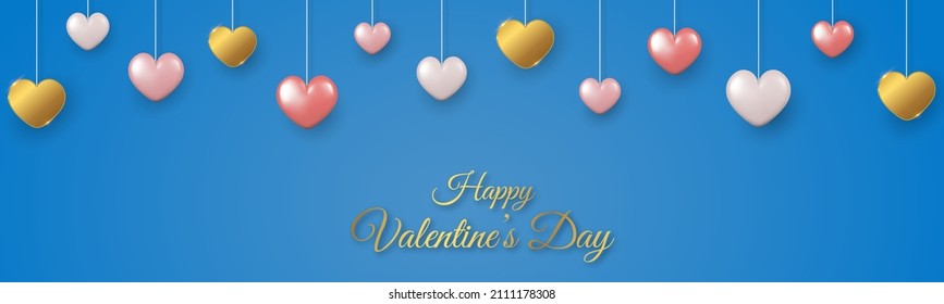 Happy Valentine's Day horizontal banner with pink, white and gold 3d hearts on blue background. Vector illustration.