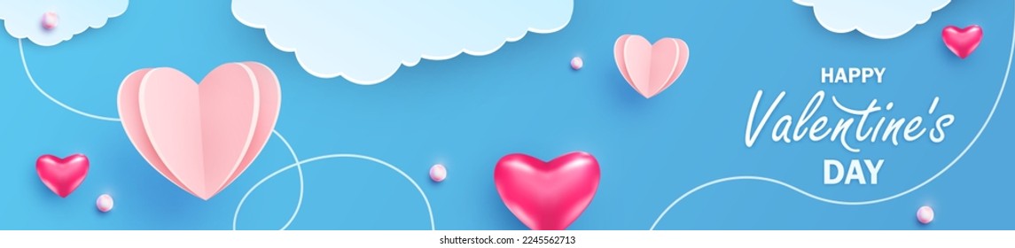 Happy Valentines day horizontal banner vector illustration with blue sky, paper cut clouds, line, realistic pink hearts. Love greeting background with copy space.