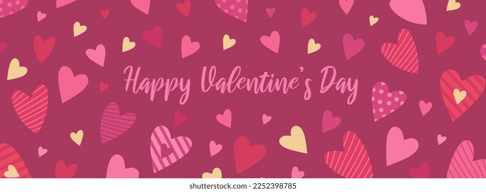 Happy Valentine's Day horizontal banner or card. Romantic background with red, pink and gold hearts. Modern flat style for decor, greetings, print, web.