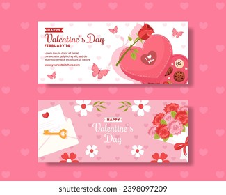 Happy Valentine's Day Horizontal Banner Flat Cartoon Hand Drawn Templates Background Illustration